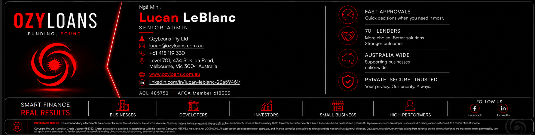 OzyLoans — Lucan LeBlanc, Senior Admin · lucan@ozyloans.com.au · +61 415 119 330 · ozyloans.com.au · ACL #485752 · AFCA #618333