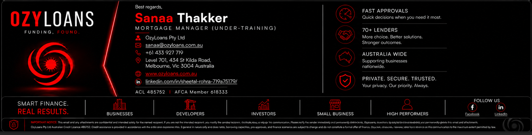 OzyLoans — Sanaa Thakker, Mortgage Manager (Under-Training) · sanaa@ozyloans.com.au · +61 433 927 719 · ozyloans.com.au · ACL #485752 · AFCA #618333